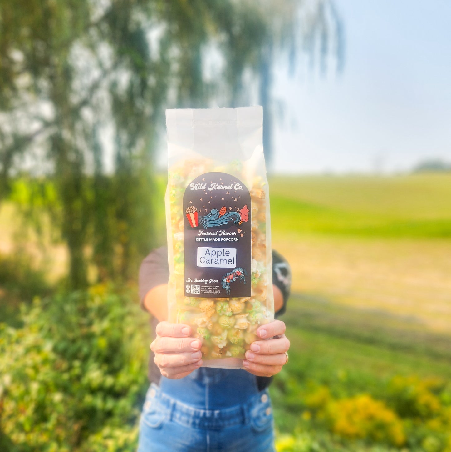 Wild Kernel Co. Apple Caramel Kettle Corn packaged for freshness, featuring premium, hand-popped non-GMO Mushroom Kernels with caramel and green apple flavors.