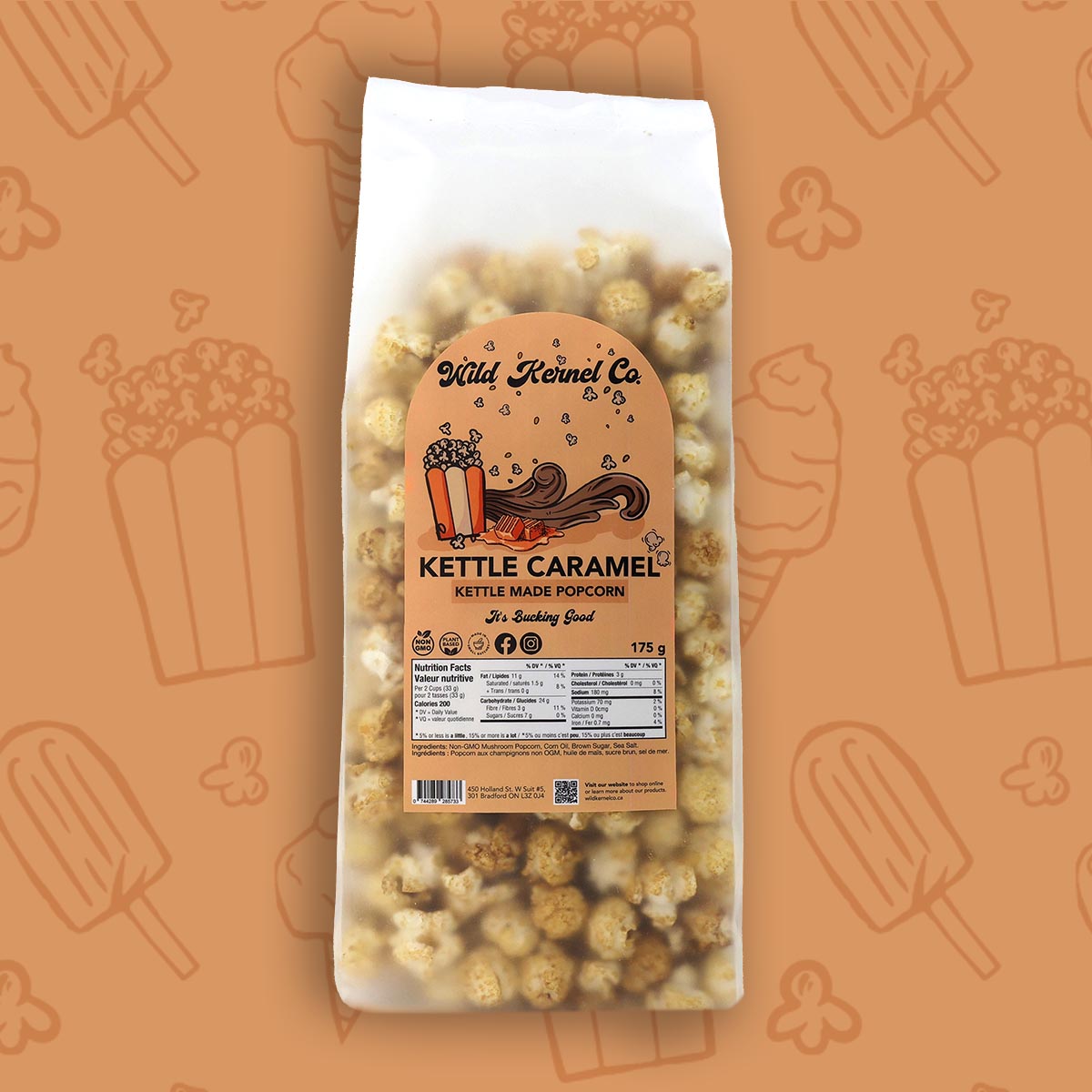 Wild Kernel Co. Kettle Caramel Popcorn in a bowl, featuring premium non-GMO Mushroom Kernels coated in rich caramelized brown sugar and a hint of sea salt.