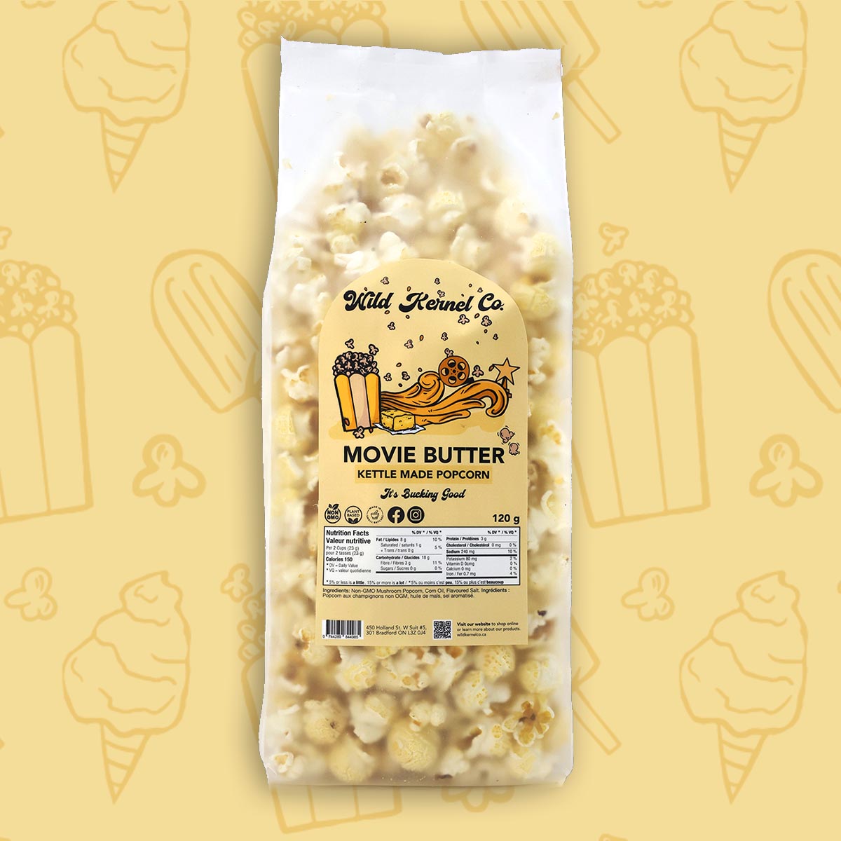 Close-up of Wild Kernel Co.’s Movie Butter Popcorn, highlighting the golden buttery coating on premium non-GMO Mushroom Kernels.