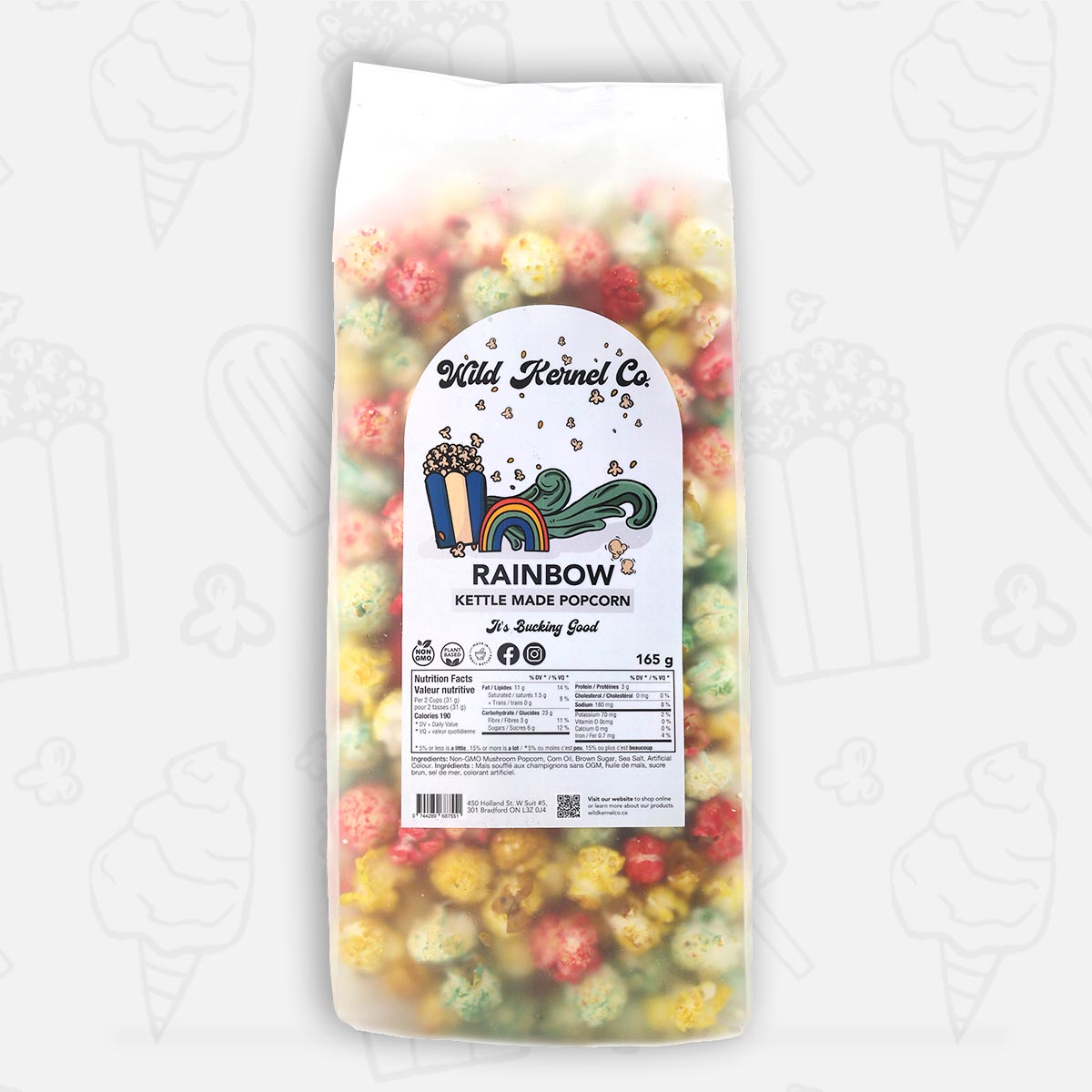 Close-up of Wild Kernel Co.’s Rainbow Popcorn, highlighting the vibrant colors and perfect coating of sweetness and saltiness.