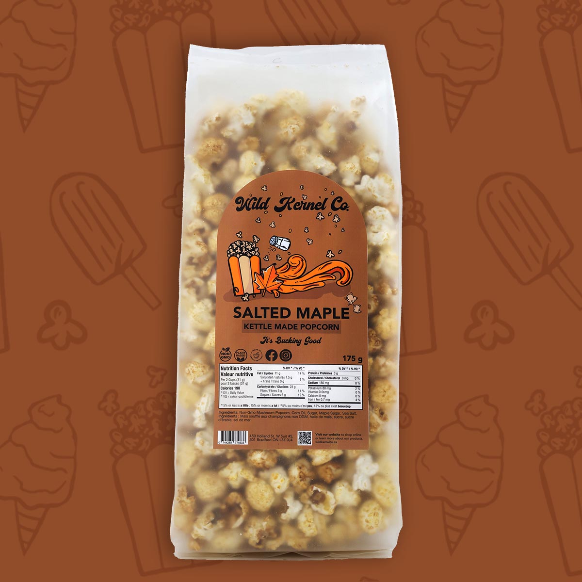 Close-up of Wild Kernel Co.’s Salted Maple Popcorn, showcasing caramelized maple sugar and sea salt on non-GMO Mushroom Kernels.