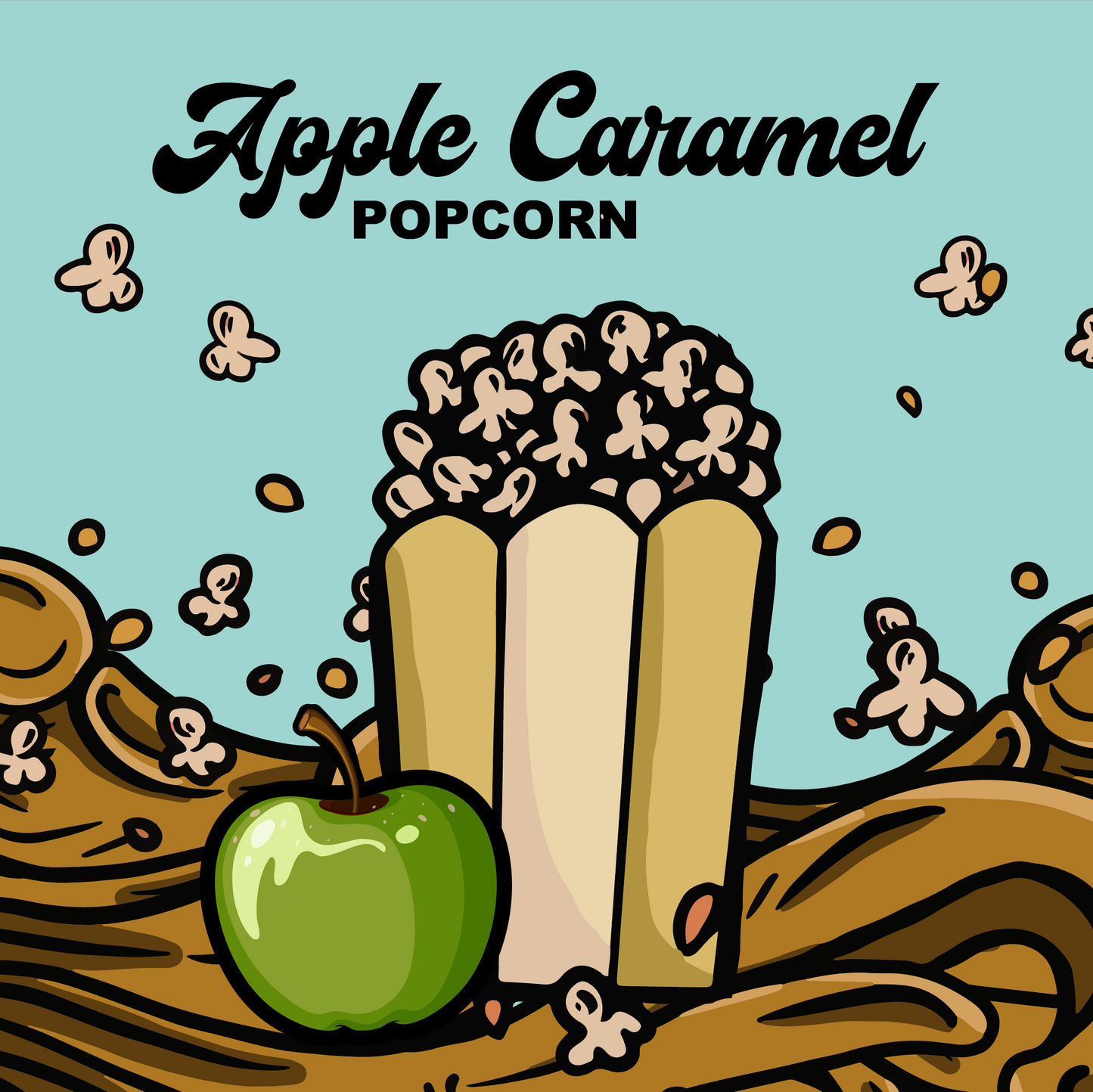 Close-up of Wild Kernel Co.'s Apple Caramel Kettle Corn, showcasing non-GMO Mushroom Kernels coated in rich caramel with hints of green apple, a limited-edition fall flavor available during apple harvest season.