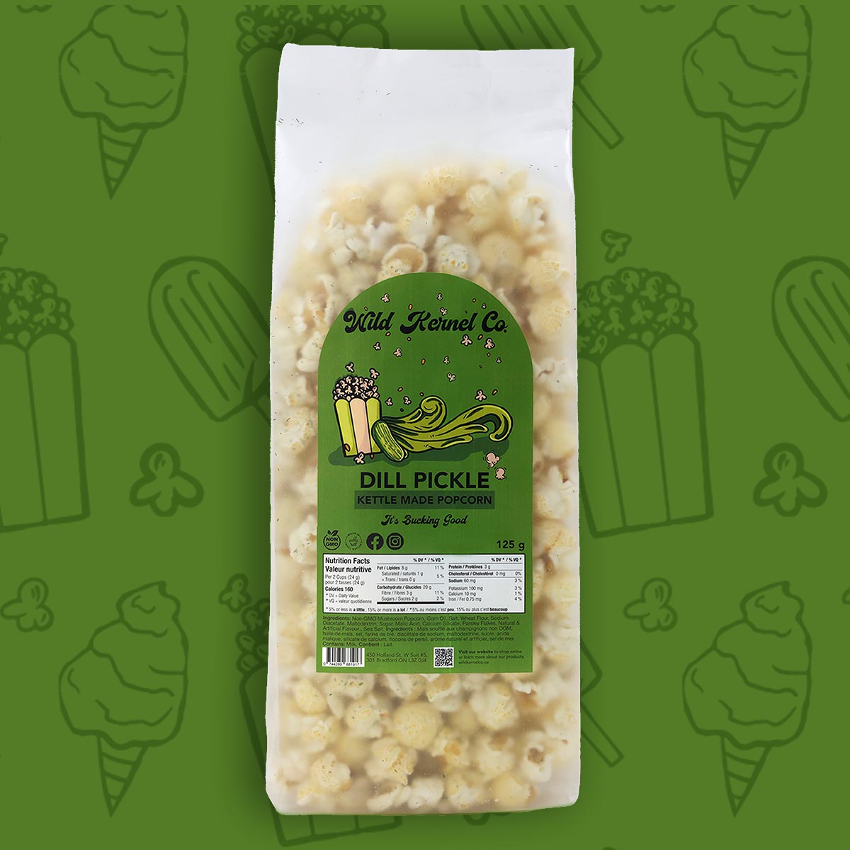 Close-up of Wild Kernel Co. Dill Pickle Kettle Corn, showcasing the premium non-GMO Mushroom Kernels with a delicious dill coating